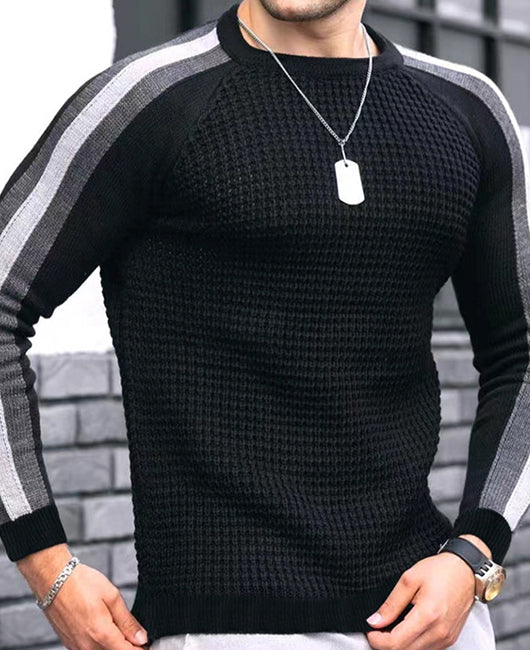 Raglan Sleeve Waffle Striped Sew Panel Knit Shirt