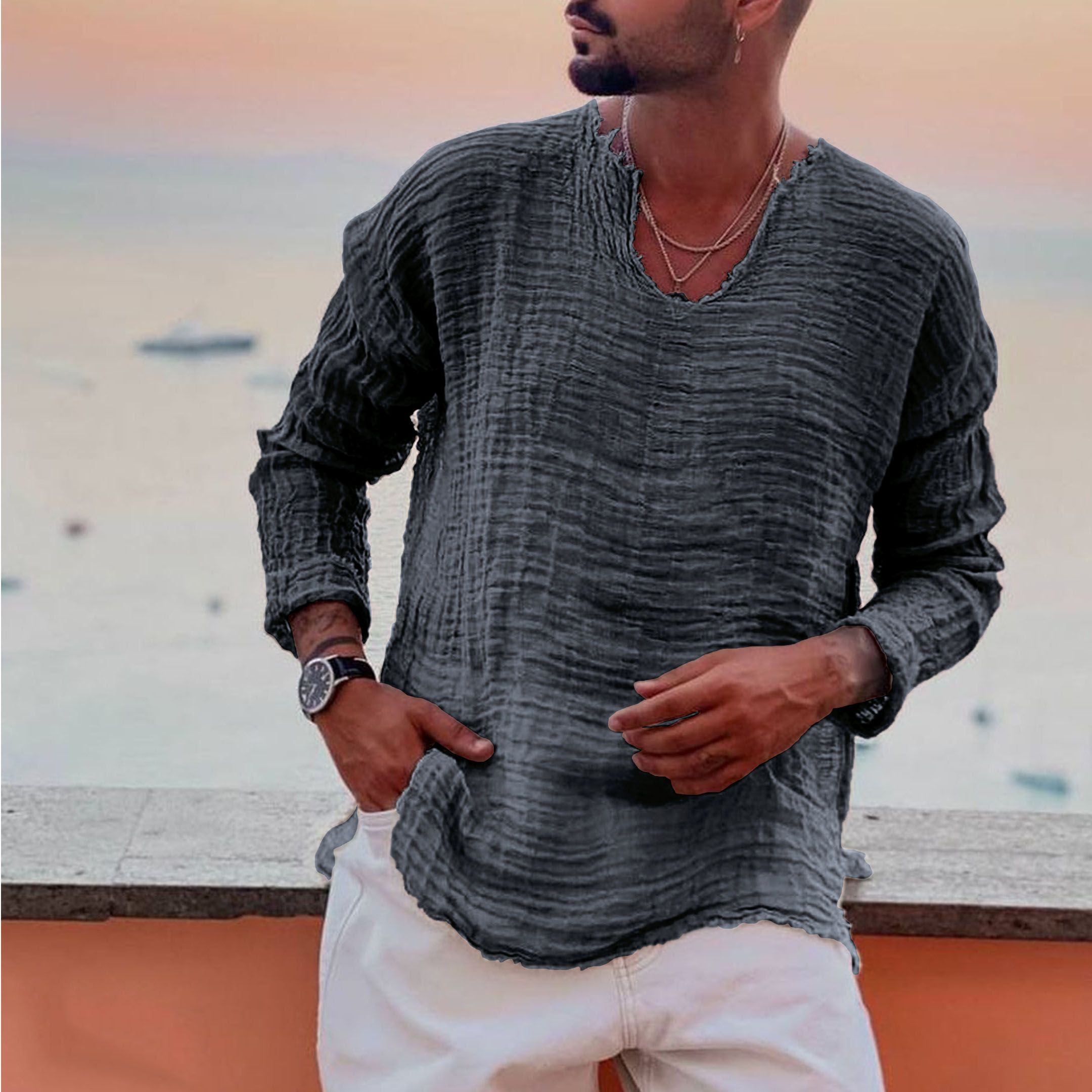 Men's Linen Simple Long-sleeved Shirt