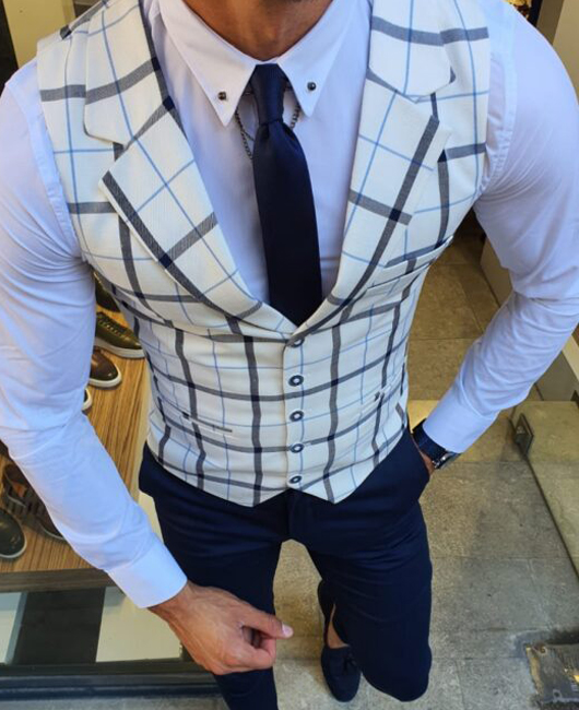 OK Elegant Plaid Print Lapel Collar Single Breasted Blazer Vest