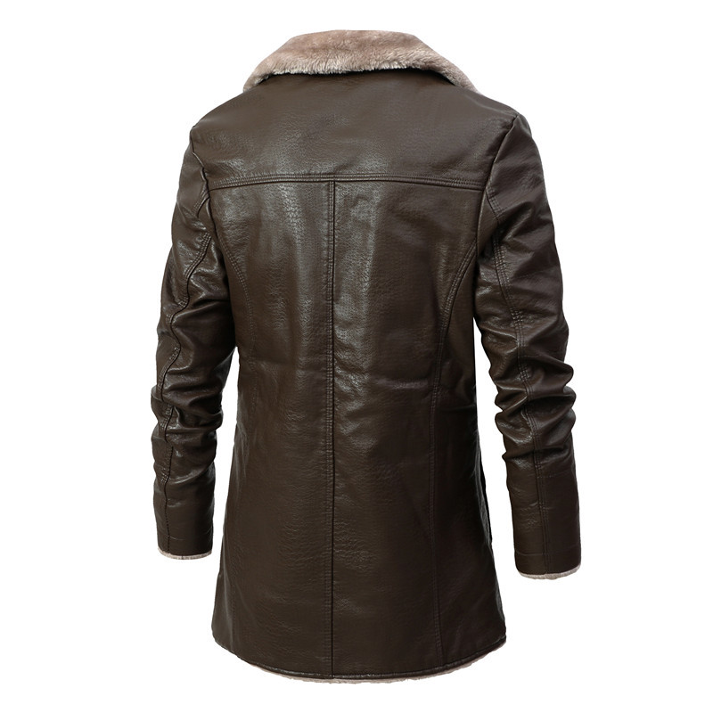 Men's Faux Leather Jacket Thick Faux Fur Shearling Lapel Collar Botton Down Long Trench Coats