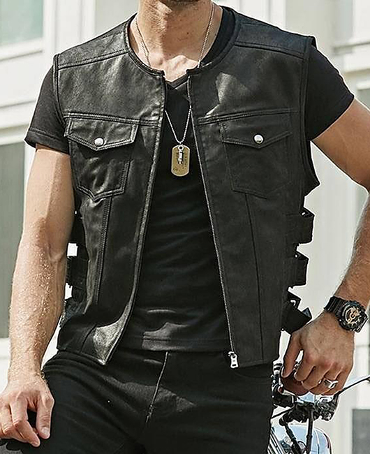 Fashion Crew Neck Plain PU Leather Pocket Zipper Vest