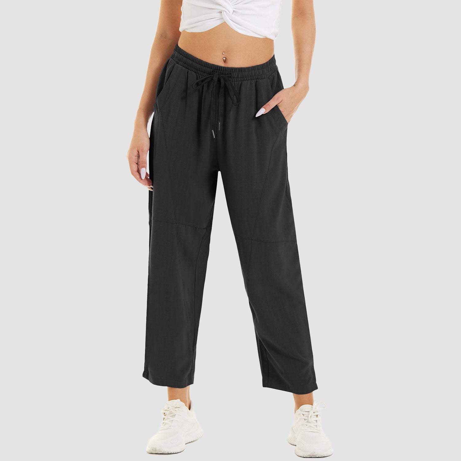 Women's Cotton Linen Pants High Waisted Summer Casual Pants Drawstring with 4 Pockets