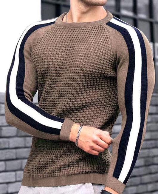 Raglan Sleeve Waffle Striped Sew Panel Knit Shirt