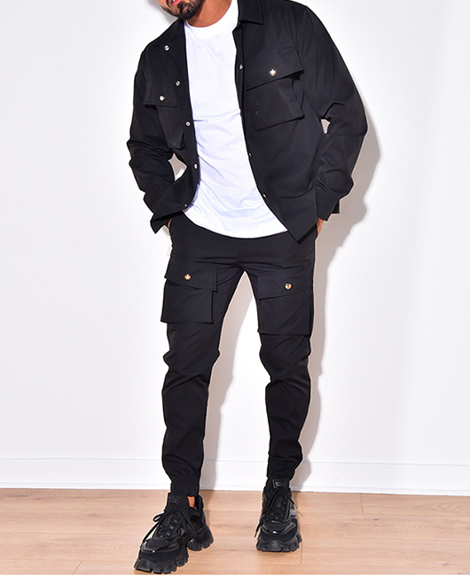 Casual Plain Snap Button Pocket Long Sleeve Jacket & Pencil Pants 2Pcs Set
