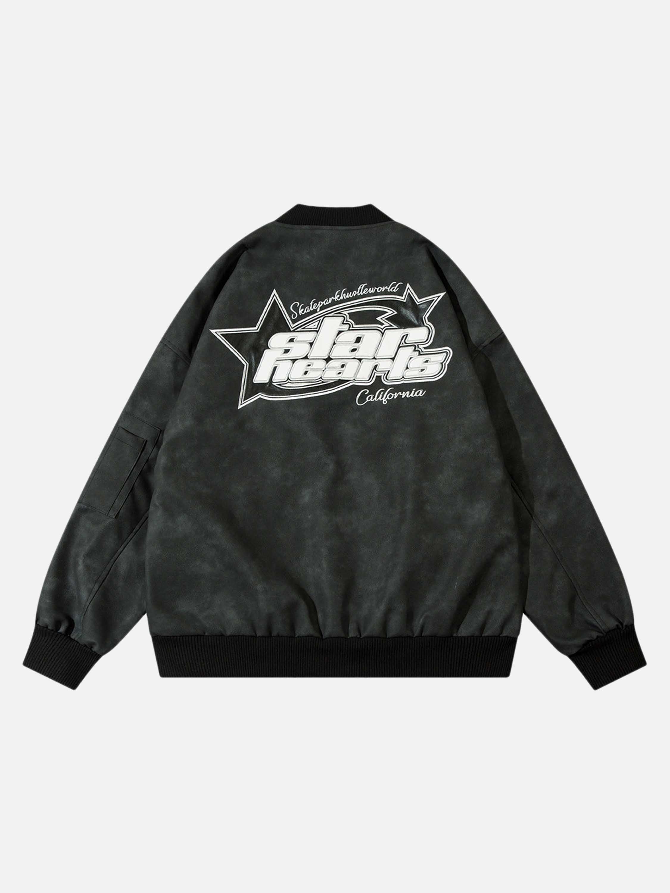The Vimiaparty American Street Tide Patch Leather Embroidered Monogram Baseball Jacket