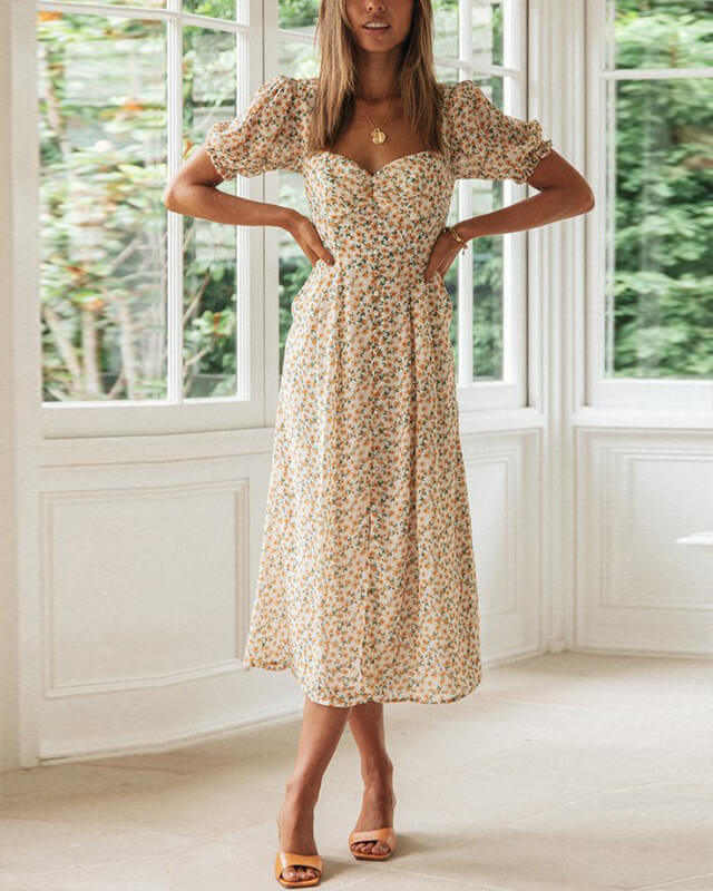 Women's Puff Sleeve Printed Slit Dress