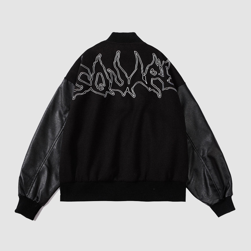 The Vimiaparty Symbol Embroidery PU Leather Stitching Jacket