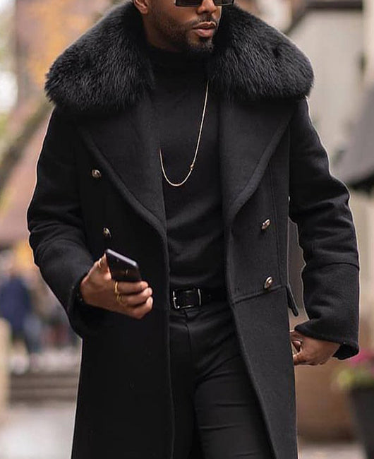 Fuzzy Collar Double Breasted Casual Overcoat