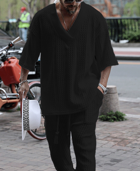 Casual Plain V Neck Half Sleeve Loose Shirt & Drawstring Pants 2Pcs Set