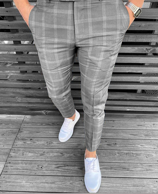 Business Plaid Print Pocket Straight Pencil Pants
