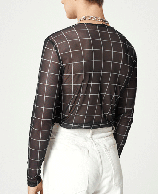 Sexy Plaid Print Sheer Mesh Long Sleeve Slim Fit Shirt