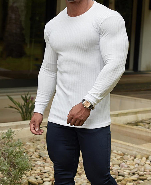 Rib-knit Plian Crew Neck Casual Knit Shirt