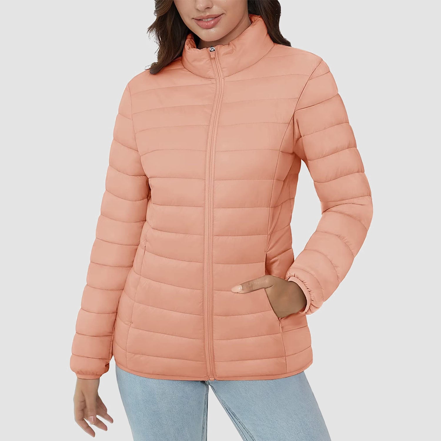 Women Lightweight Puffer Jacket Stand Collar Full Zip Quilted Lined Winter Coat
